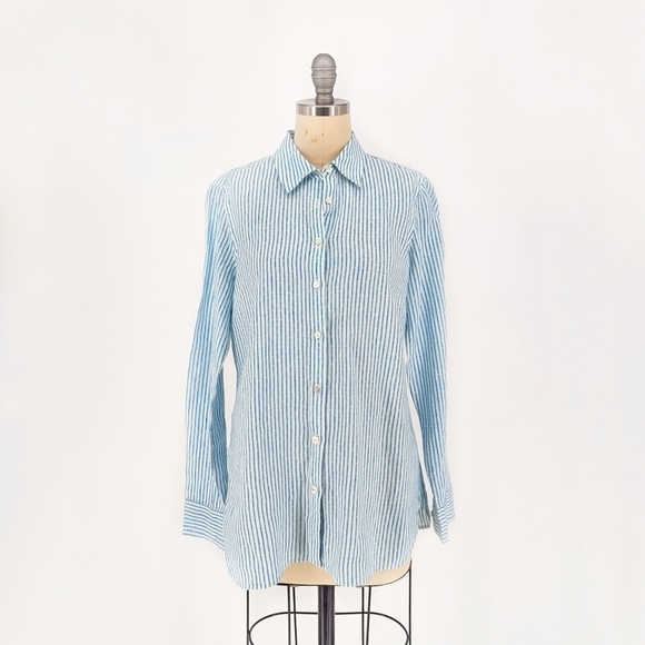 Talbots Striped Linen Shirt Blue White XS preppy classic Business casual coastal - Picture 1 of 7